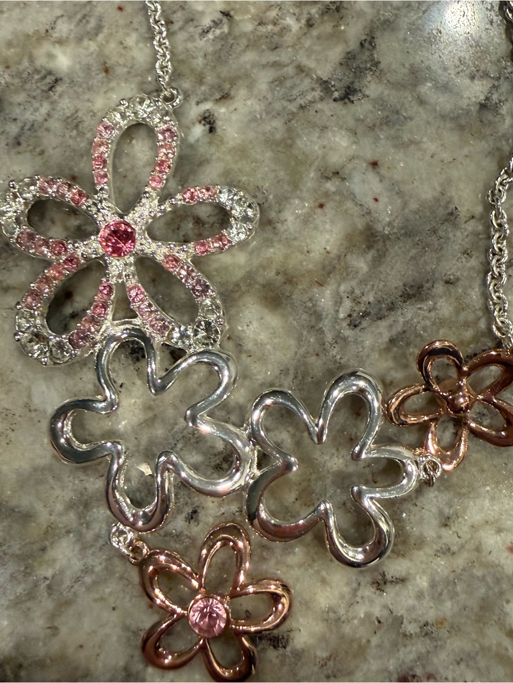 Floral Mixed Metal Necklace with Pink Crystal Accents